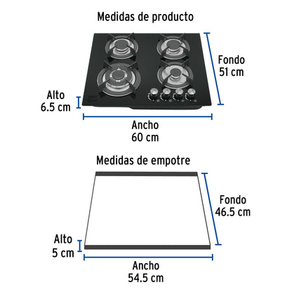 Parrilla Gas Empotrable 60cm RIVIERA PAE-604GV - 4 Quemadores Vidrio Negro con Encendido Electrónico