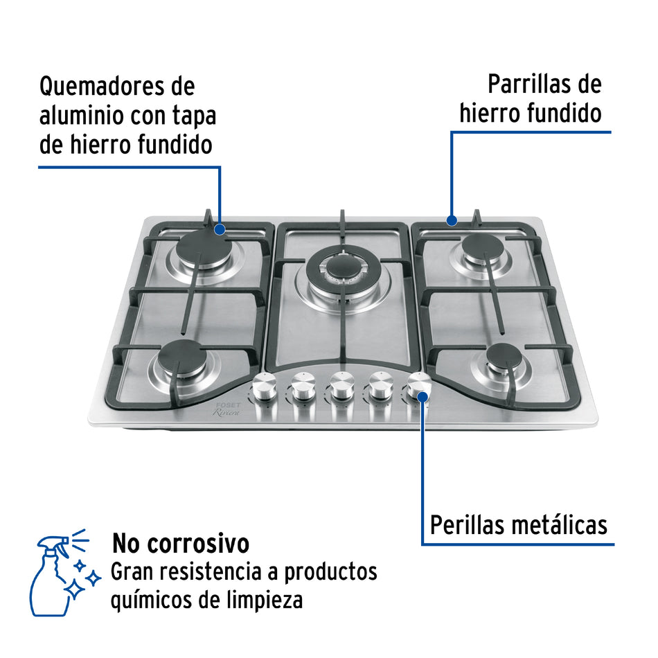 Parrilla de Gas Empotrable RIVIERA 75cm 5 Quemadores Acero Inoxidable - Encendido Electrónico PAE-755GA