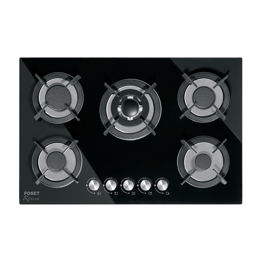 Parrilla Gas Empotrable 75cm RIVIERA - 5 Quemadores Vidrio Negro con Encendido Electrónico y Doble Flama Premium