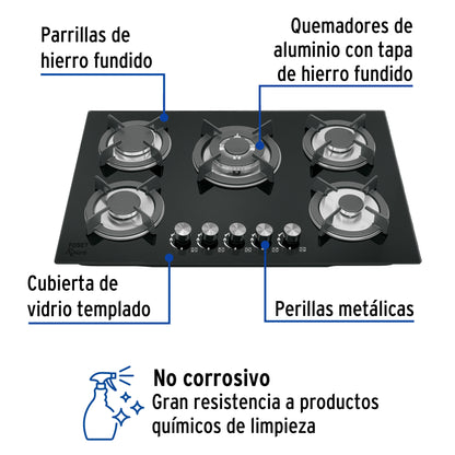 Parrilla Gas Empotrable 75cm RIVIERA - 5 Quemadores Vidrio Negro con Encendido Electrónico y Doble Flama Premium