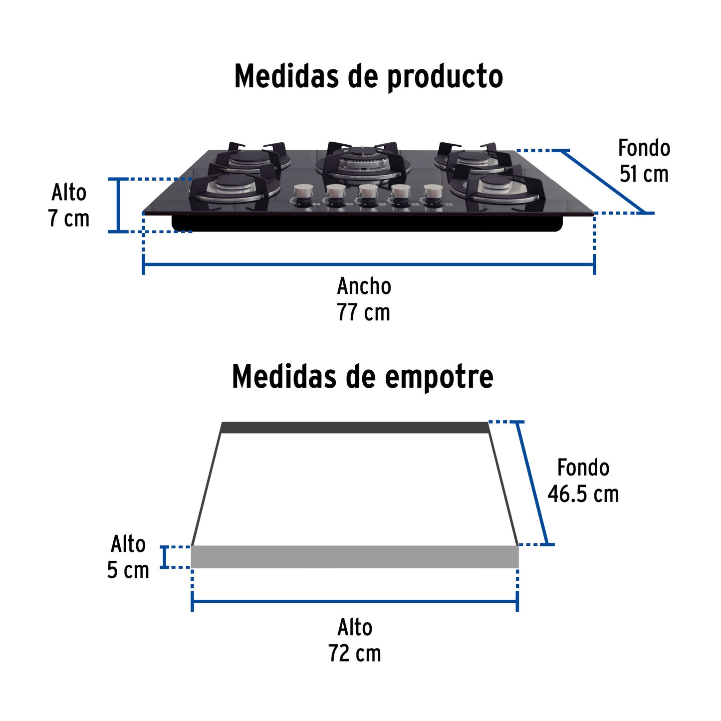 Parrilla Gas Empotrable 75cm RIVIERA - 5 Quemadores Vidrio Negro con Encendido Electrónico y Doble Flama Premium