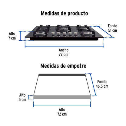 Parrilla Gas Empotrable 75cm RIVIERA - 5 Quemadores Vidrio Negro con Encendido Electrónico y Doble Flama Premium