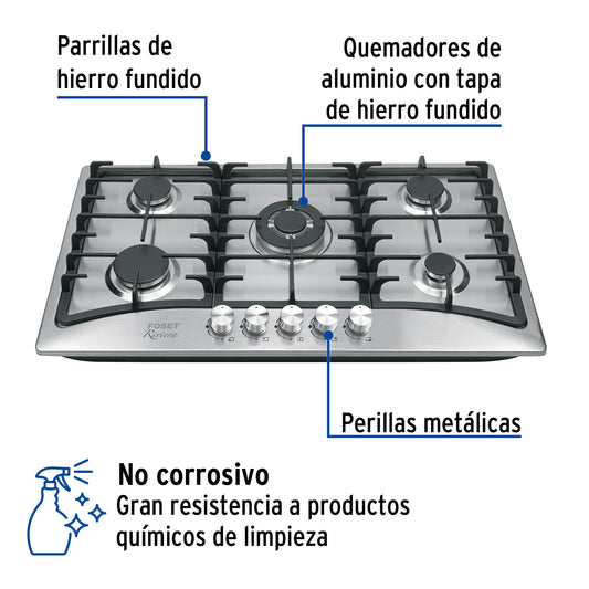 Parrilla Gas Empotrable 90cm 5 Quemadores Acero Inoxidable RIVIERA PAE-905GA - Encendido Electrónico