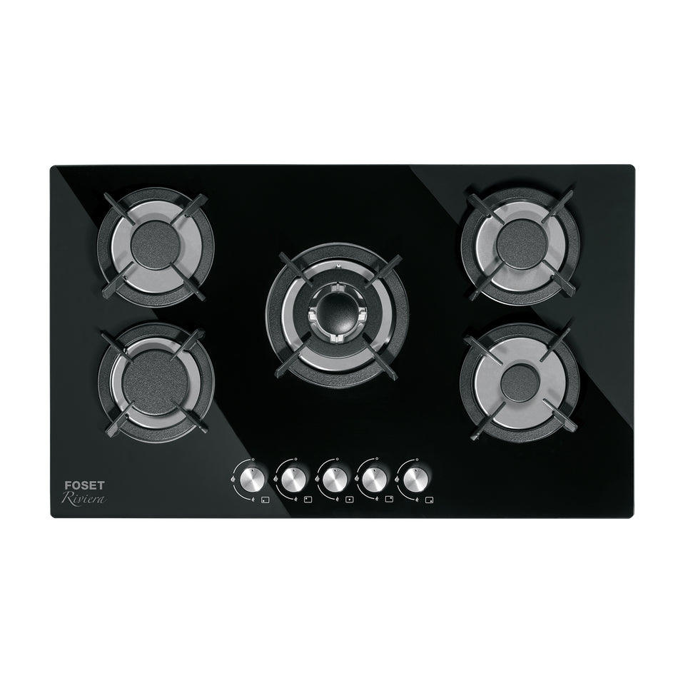 Parrilla Gas Empotrable 90cm RIVIERA - 5 Quemadores Vidrio Negro con Encendido Electrónico y Doble Flama Profesional