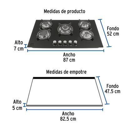 Parrilla Gas Empotrable 90cm RIVIERA - 5 Quemadores Vidrio Negro con Encendido Electrónico y Doble Flama Profesional