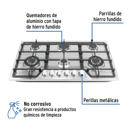 Parrilla Gas Empotrable 90cm 6 Quemadores Acero Inoxidable RIVIERA PAE-906GA - Encendido Electrónico