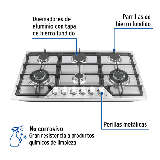 Parrilla Gas Empotrable 90cm 6 Quemadores Acero Inoxidable RIVIERA PAE-906GA - Encendido Electrónico