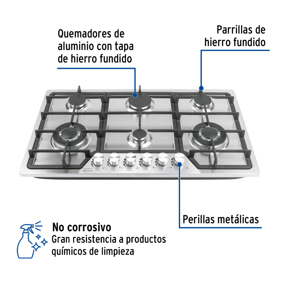 arrilla Gas Empotrable 90cm 6 Quemadores Acero Inoxidable RIVIERA PAE-906GA - Encendido Electrónico