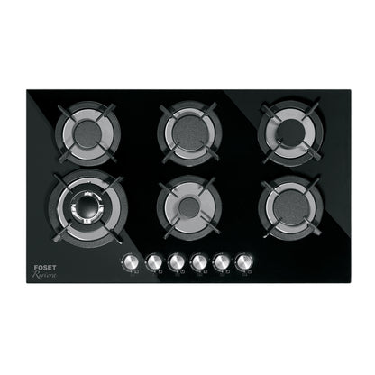 Parrilla Gas Empotrable 90cm RIVIERA - 6 Quemadores Vidrio Negro con Encendido Electrónico y Doble Flama Profesional