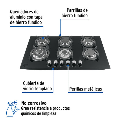 Parrilla Gas Empotrable 90cm RIVIERA - 6 Quemadores Vidrio Negro con Encendido Electrónico y Doble Flama Profesional