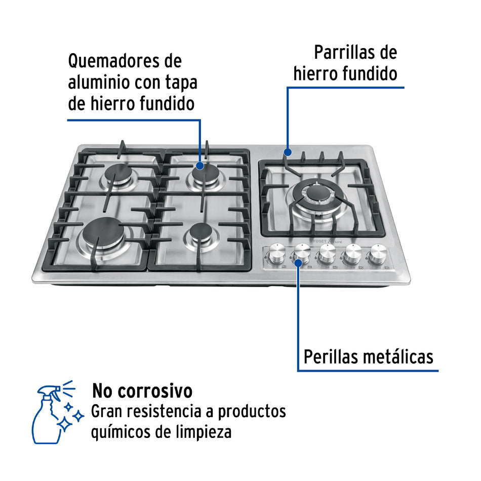 Parrilla Gas Empotrable 90cm RIVIERA 5 Quemadores Acero Inoxidable - Encendido Electrónico PAE-915GA