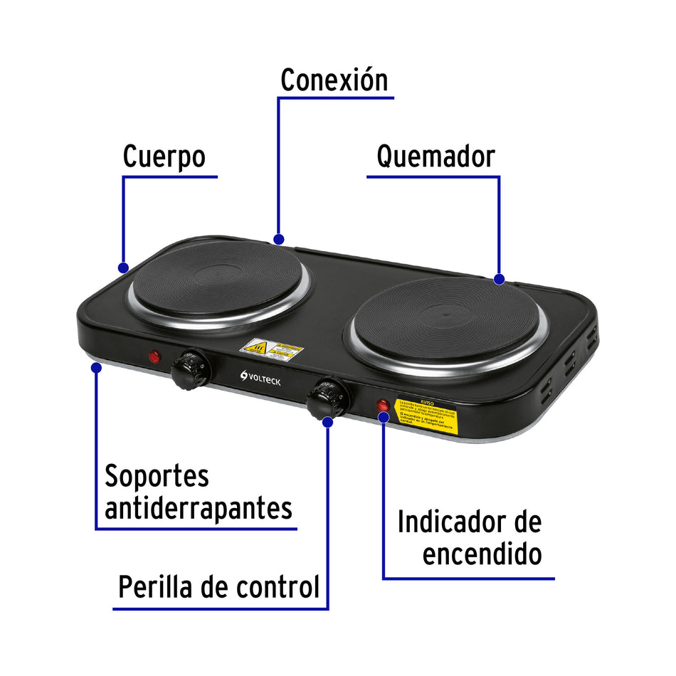 Parrilla Eléctrica VOLTECK 2 Quemadores Disco - Cocción Uniforme Sin Gas - PAEL-2CDN