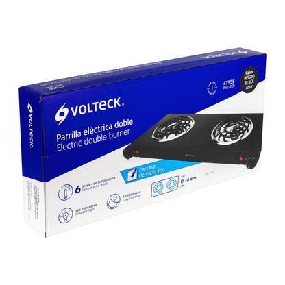 Parrilla Eléctrica VOLTECK 2 Quemadores Espiral Negra PAEL-2CN - Solución Compacta para Cocinar sin Gas con Termostato Regulable y Carcasa Tacto Frío - Acero Inoxidable