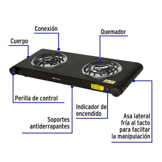 Parrilla Eléctrica VOLTECK 2 Quemadores Espiral Negra PAEL-2CN - Solución Compacta para Cocinar sin Gas con Termostato Regulable y Carcasa Tacto Frío - Acero Inoxidable