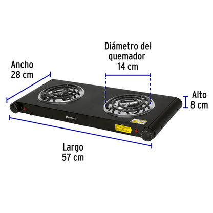 Parrilla Eléctrica VOLTECK 2 Quemadores Espiral Negra PAEL-2CN - Solución Compacta para Cocinar sin Gas con Termostato Regulable y Carcasa Tacto Frío - Acero Inoxidable
