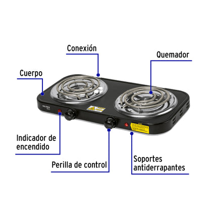 Parrilla Eléctrica 2 Quemadores Espiral BASIC PAEL-2CPN - Acero Inoxidable con Termostato Regulable - Solución Compacta para Cocinar sin Gas en Casa y Oficina