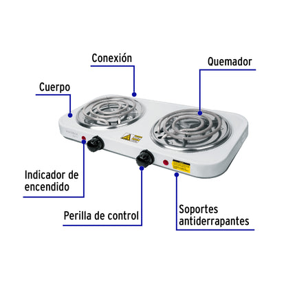 Parrilla Eléctrica 2 Quemadores Espiral BASIC PAEL-2CP - Solución Compacta para Cocinar sin Gas - Acero Inoxidable Blanca