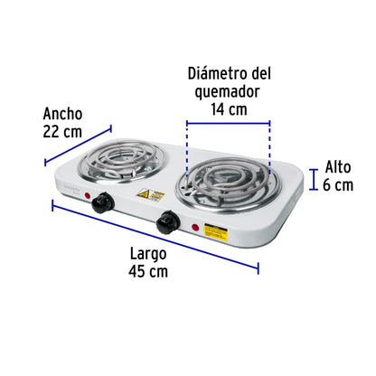 Parrilla Eléctrica 2 Quemadores Espiral BASIC PAEL-2CP - Solución Compacta para Cocinar sin Gas - Acero Inoxidable Blanca