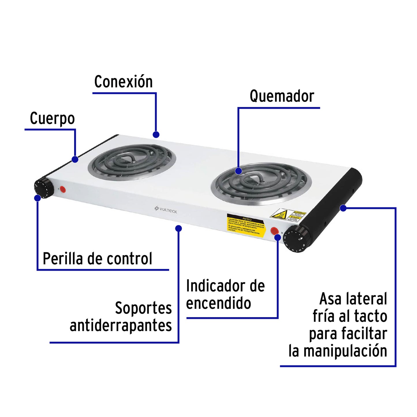 Parrilla Eléctrica VOLTECK 2 Quemadores Espiral - Solución Compacta para Cocinar sin Gas - Acero Inoxidable con Termostato Automático - PAEL-2C