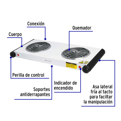 Parrilla Eléctrica VOLTECK 2 Quemadores Espiral - Solución Compacta para Cocinar sin Gas - Acero Inoxidable con Termostato Automático - PAEL-2C