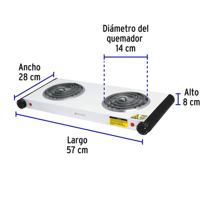Parrilla Eléctrica VOLTECK 2 Quemadores Espiral - Solución Compacta para Cocinar sin Gas - Acero Inoxidable con Termostato Automático - PAEL-2C