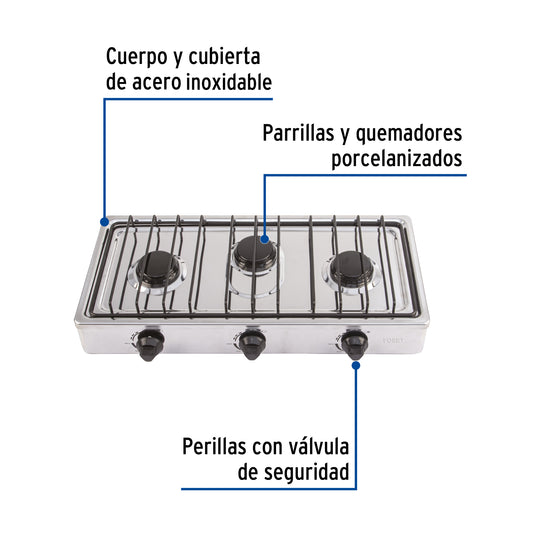 Parrilla de Gas Sobreponer 3 Quemadores Acero Inoxidable FOSET PAGA-3X - Resistente Corrosión
