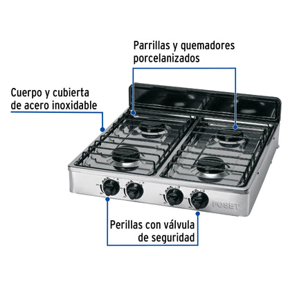 Parrilla de Gas 4 Quemadores Acero Inoxidable FOSET - Sobreponer Porcelanizada Profesional