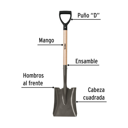 Pala Cuadrada Pretul PCD-P con Puño D - Acero al Carbono para Excavación y Jardinería Profesional - Mango de Madera Resistente