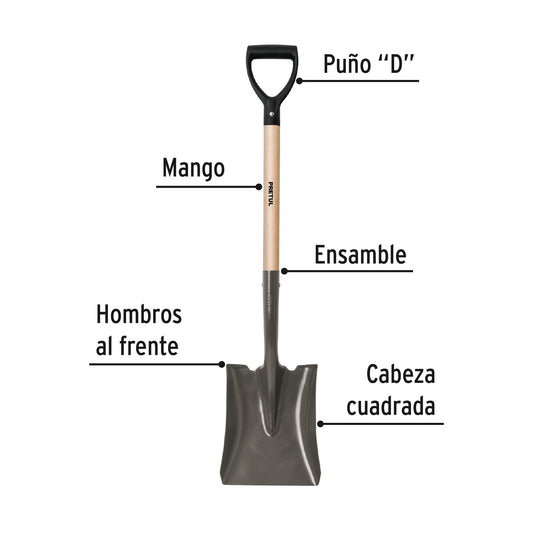 Pala Cuadrada Pretul PCD-P con Puño D - Acero al Carbono para Excavación y Jardinería Profesional - Mango de Madera Resistente