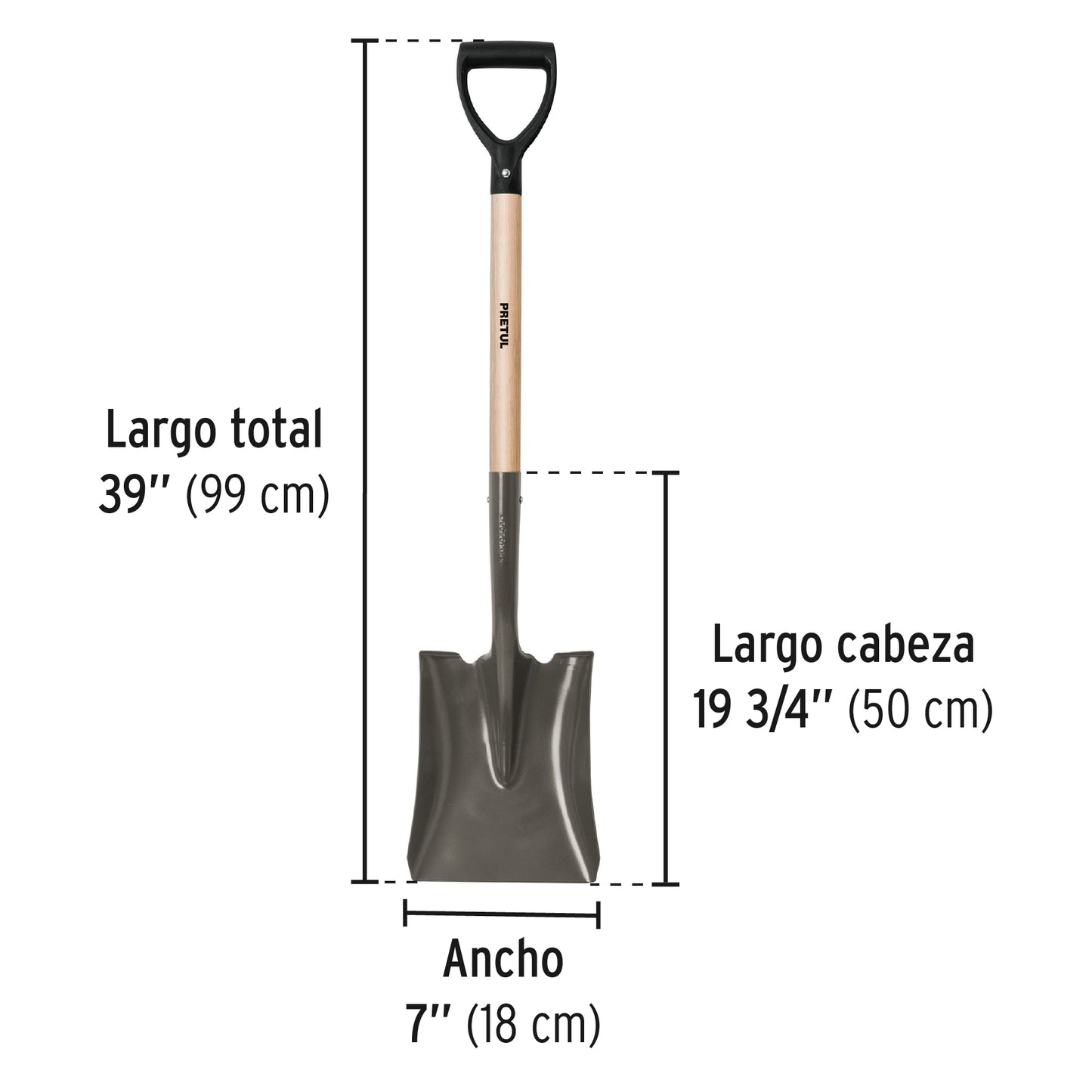 Pala Cuadrada Pretul PCD-P con Puño D - Acero al Carbono para Excavación y Jardinería Profesional - Mango de Madera Resistente