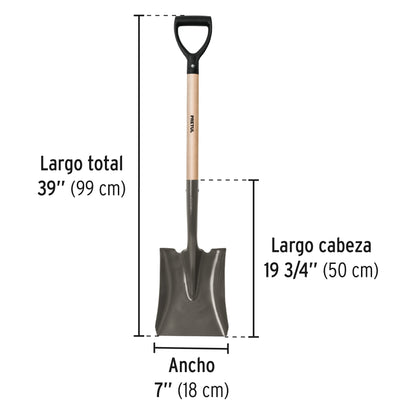 Pala Cuadrada Pretul PCD-P con Puño D - Acero al Carbono para Excavación y Jardinería Profesional - Mango de Madera Resistente