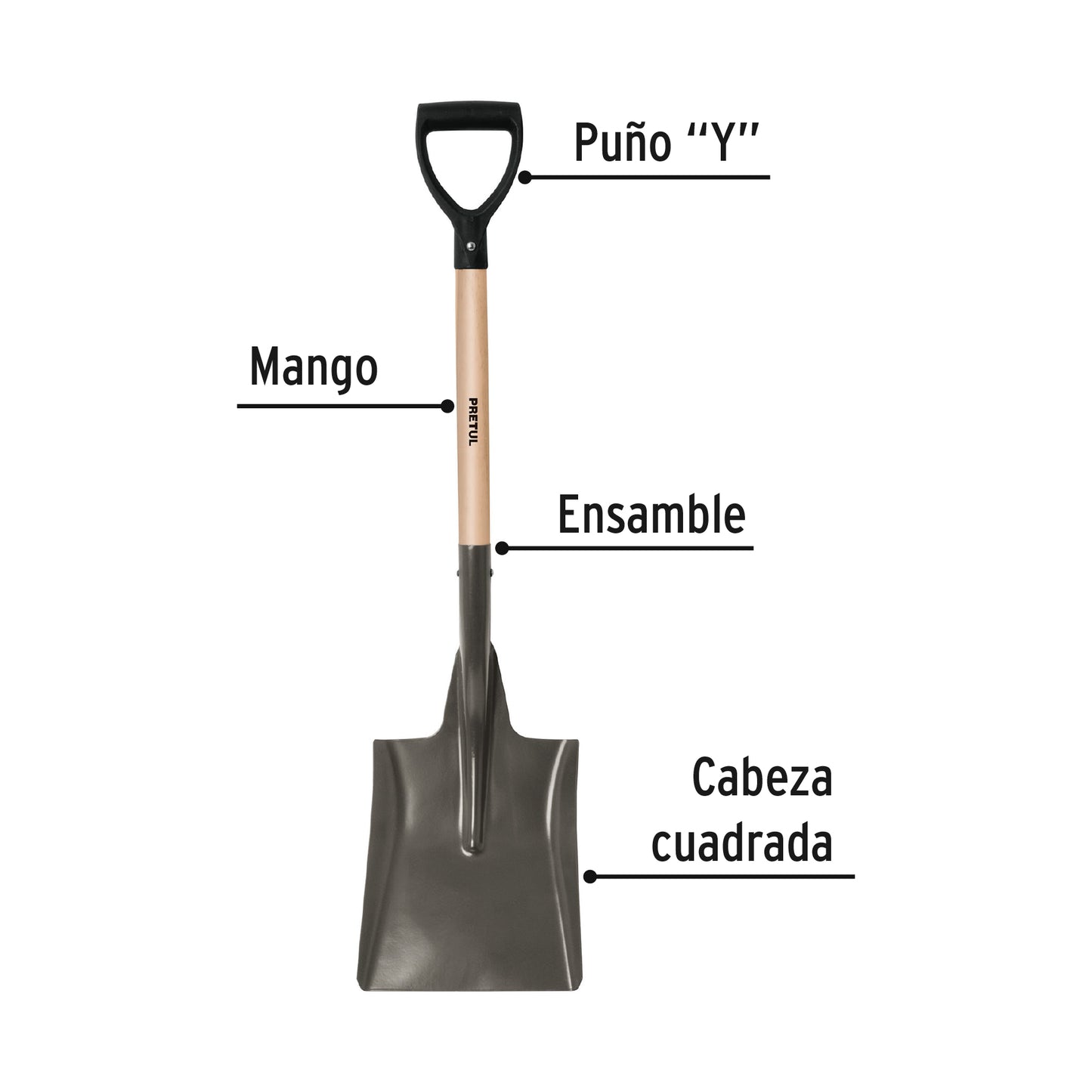 Pala Cuadrada Pretul PCD-X Mango 28" Puño Y - Herramienta Profesional para Excavación y Construcción