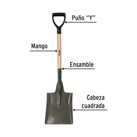Pala Cuadrada Pretul PCD-X Mango 28" Puño Y - Herramienta Profesional para Excavación y Construcción