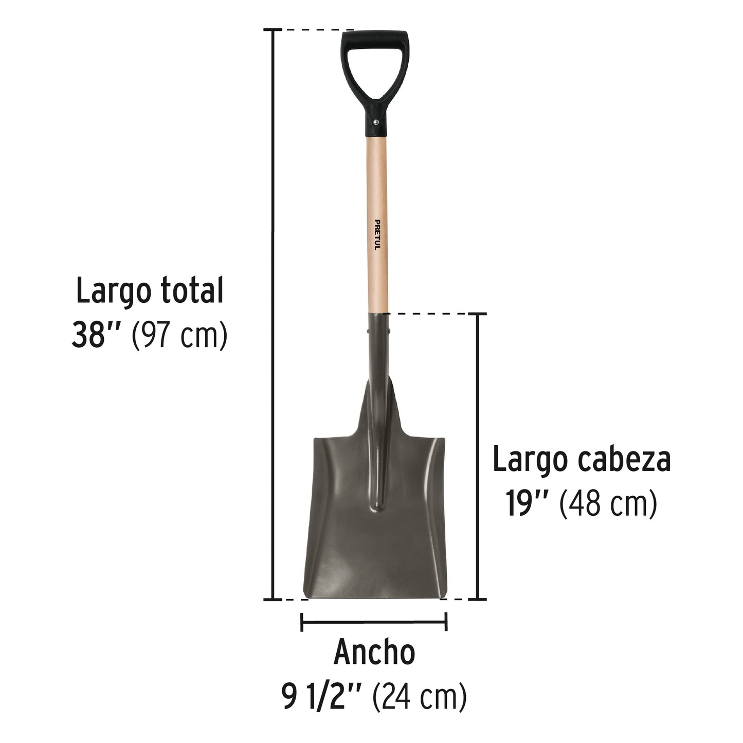 Pala Cuadrada Pretul PCD-X Mango 28" Puño Y - Herramienta Profesional para Excavación y Construcción