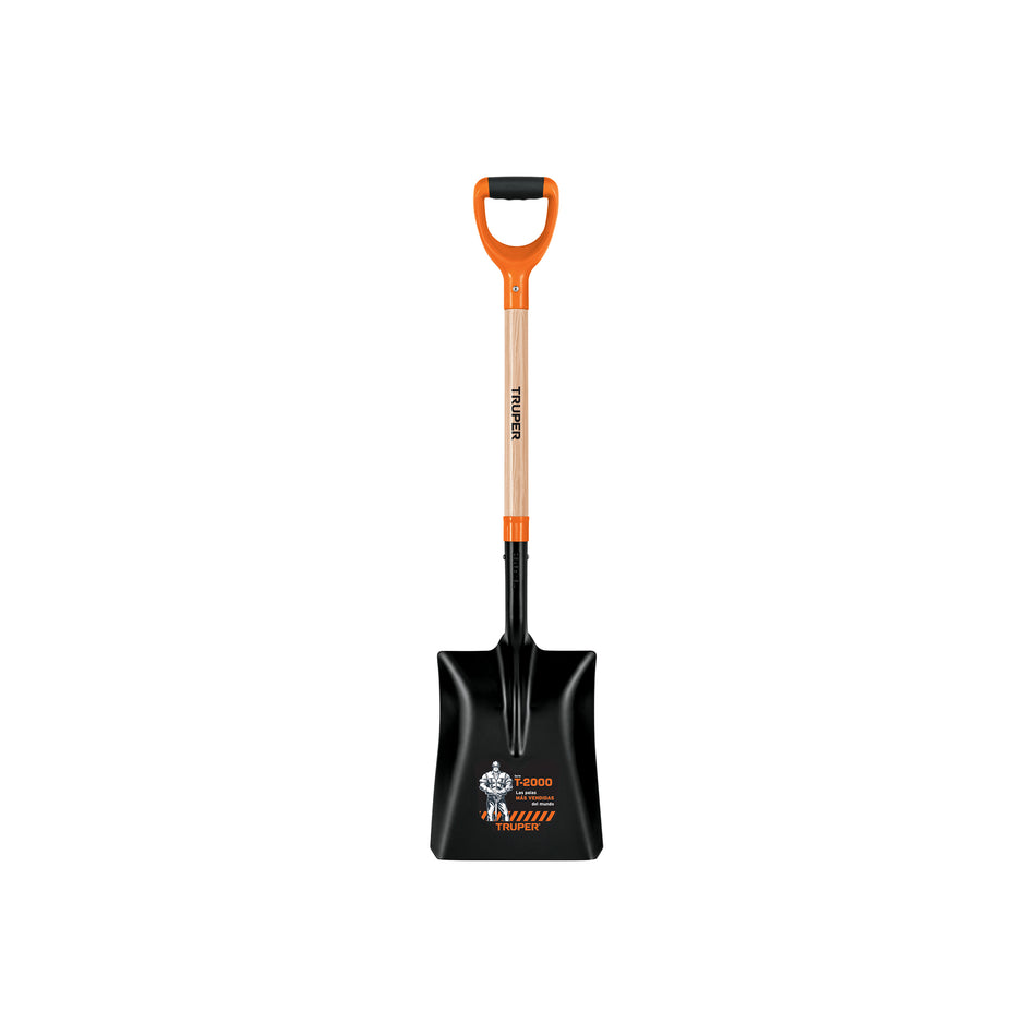 Pala Cuadrada #4 Truper T-2000 Tipo Español con Puño Y Comfort Grip - Cabeza 35% Más Grande para Excavación Profesional y Jardinería - Mango Reforzado de Madera - Modelo PCS-4P