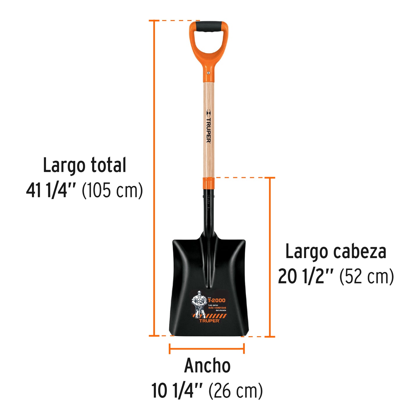 Pala Cuadrada #4 Truper T-2000 Tipo Español con Puño Y Comfort Grip - Cabeza 35% Más Grande para Excavación Profesional y Jardinería - Mango Reforzado de Madera - Modelo PCS-4P