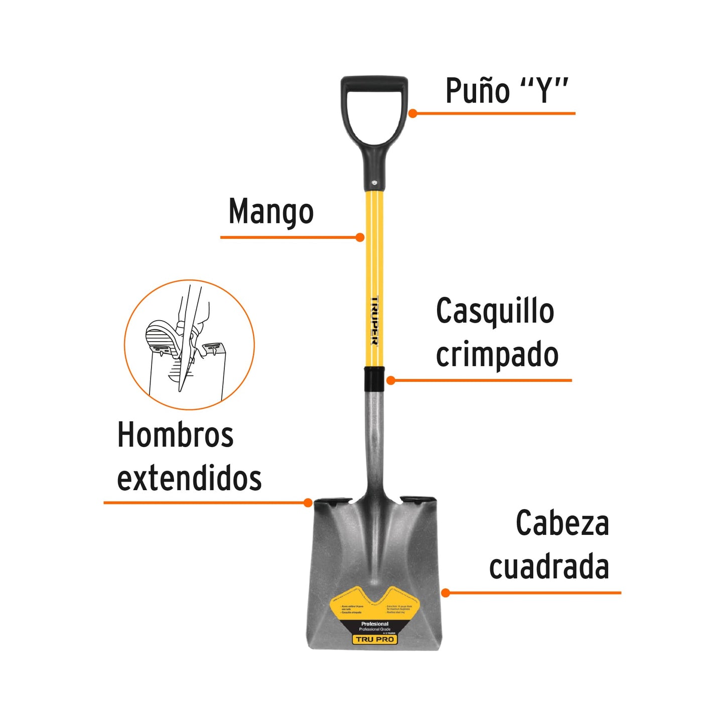 Pala Cuadrada Tru Pro Fibra de Vidrio PCY-F - Herramienta Profesional para Excavación Fácil y Cómoda con Puño Y Ergonómico