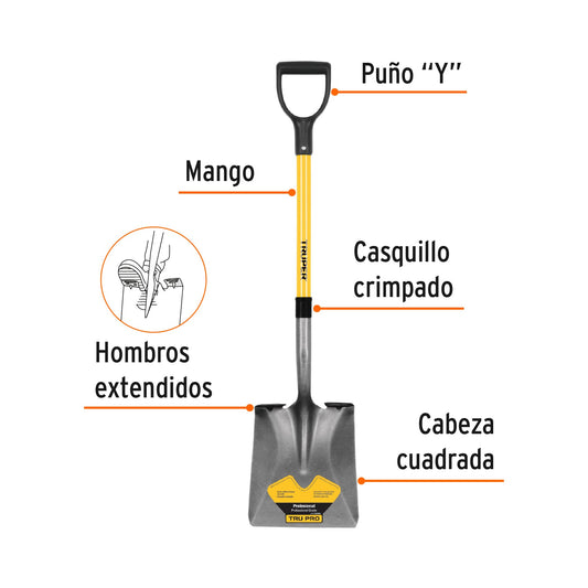 Pala Cuadrada Tru Pro Fibra de Vidrio PCY-F - Herramienta Profesional para Excavación Fácil y Cómoda con Puño Y Ergonómico