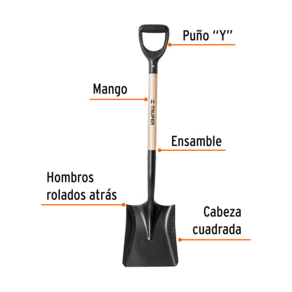 Pala Cuadrada Truper T-1000 Puño Y - Herramienta Profesional Acero Carbono para Excavación, Construcción y Jardinería - Mango Madera Resistente - PCY-PE