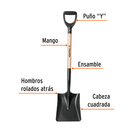 Pala Cuadrada Truper T-1000 Puño Y - Herramienta Profesional Acero Carbono para Excavación, Construcción y Jardinería - Mango Madera Resistente - PCY-PE