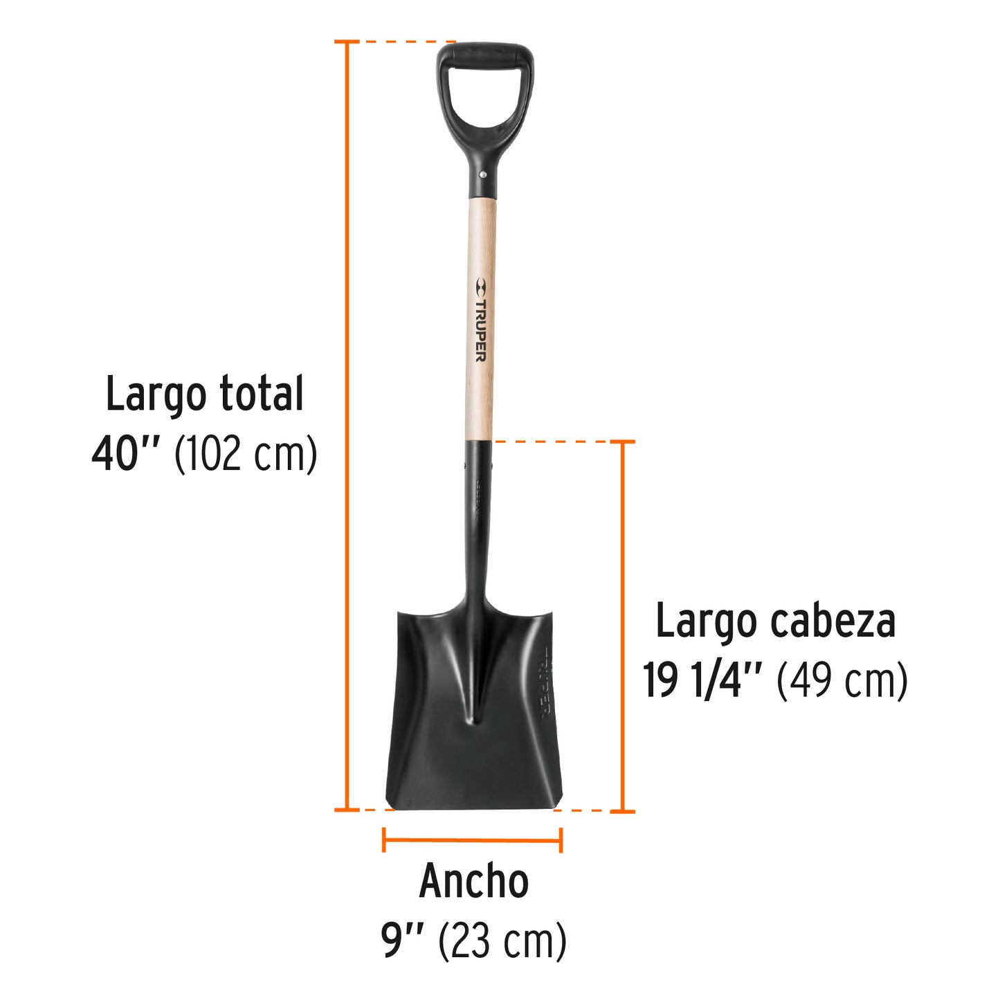 Pala Cuadrada Truper T-1000 Puño Y - Herramienta Profesional Acero Carbono para Excavación, Construcción y Jardinería - Mango Madera Resistente - PCY-PE