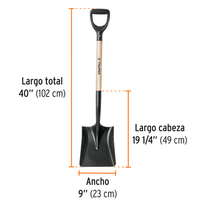 Pala Cuadrada Truper T-1000 Puño Y - Herramienta Profesional Acero Carbono para Excavación, Construcción y Jardinería - Mango Madera Resistente - PCY-PE