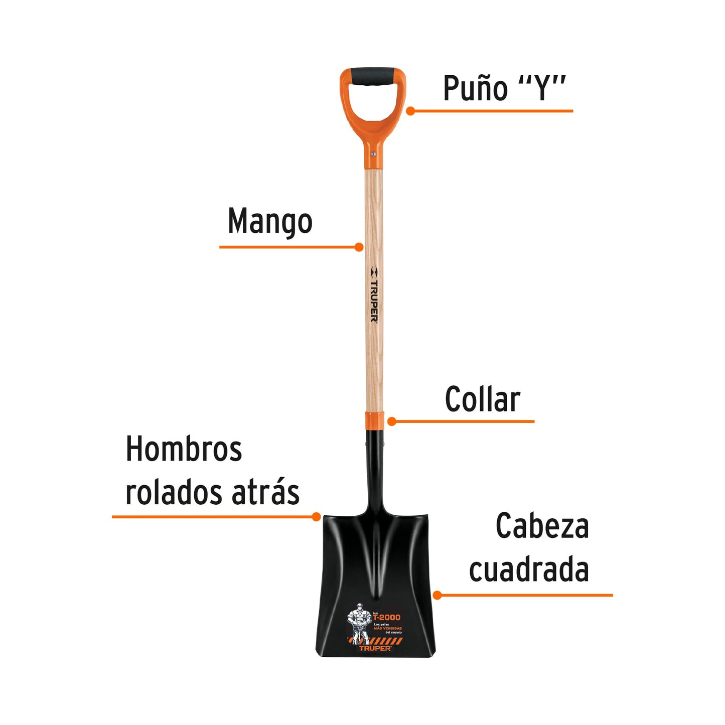 Pala Cuadrada Truper T-2000 Mango 36" Puño Y - Reduce Fatiga y Esfuerzo Excavación Jardín
