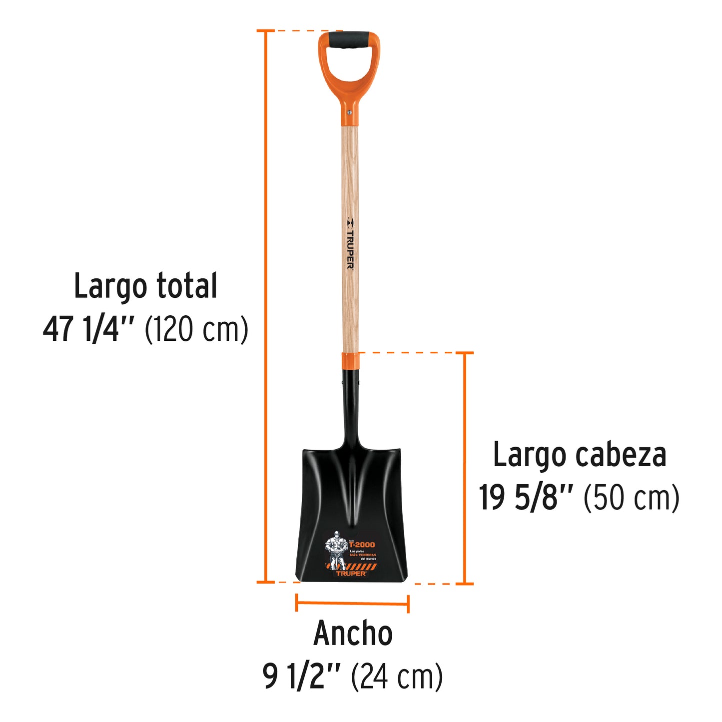 Pala Cuadrada Truper T-2000 Mango 36" Puño Y - Reduce Fatiga y Esfuerzo Excavación Jardín