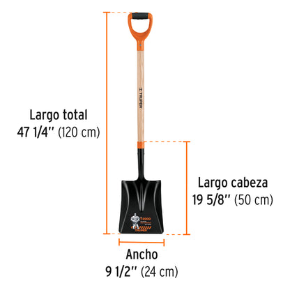 Pala Cuadrada Truper T-2000 Mango 36" Puño Y - Reduce Fatiga y Esfuerzo Excavación Jardín