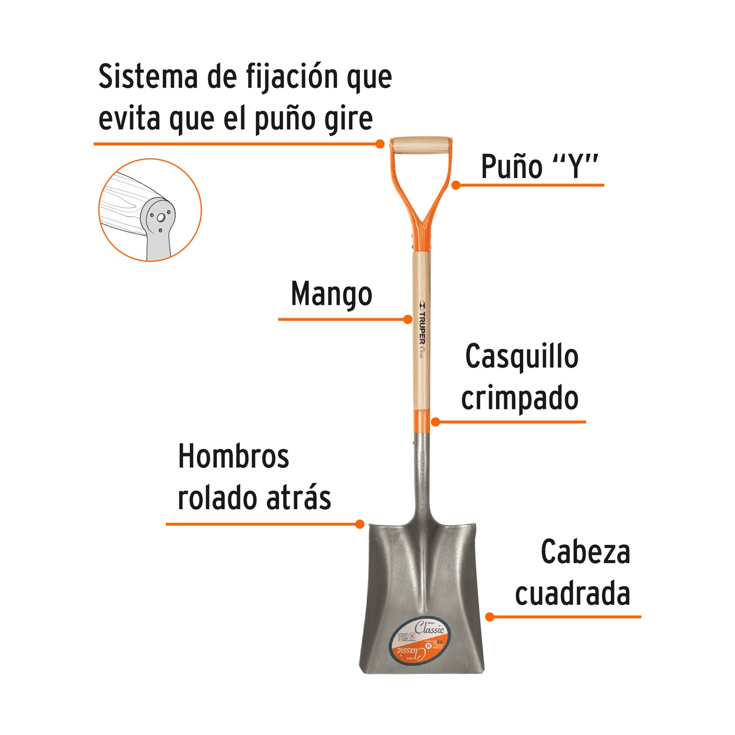 Pala Cuadrada Truper PCY - Acero Carbono Puño Y Metálico - Excavación Profesional Jardín Construcción