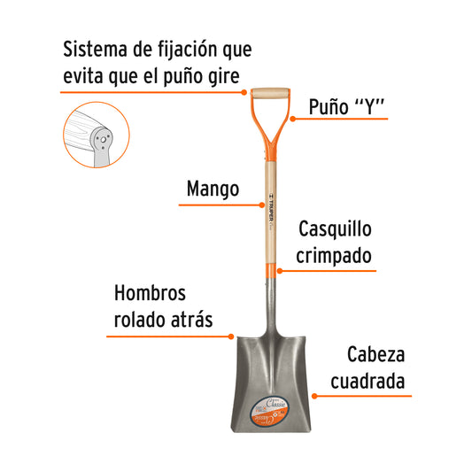 Pala Cuadrada Truper PCY - Acero Carbono Puño Y Metálico - Excavación Profesional Jardín Construcción