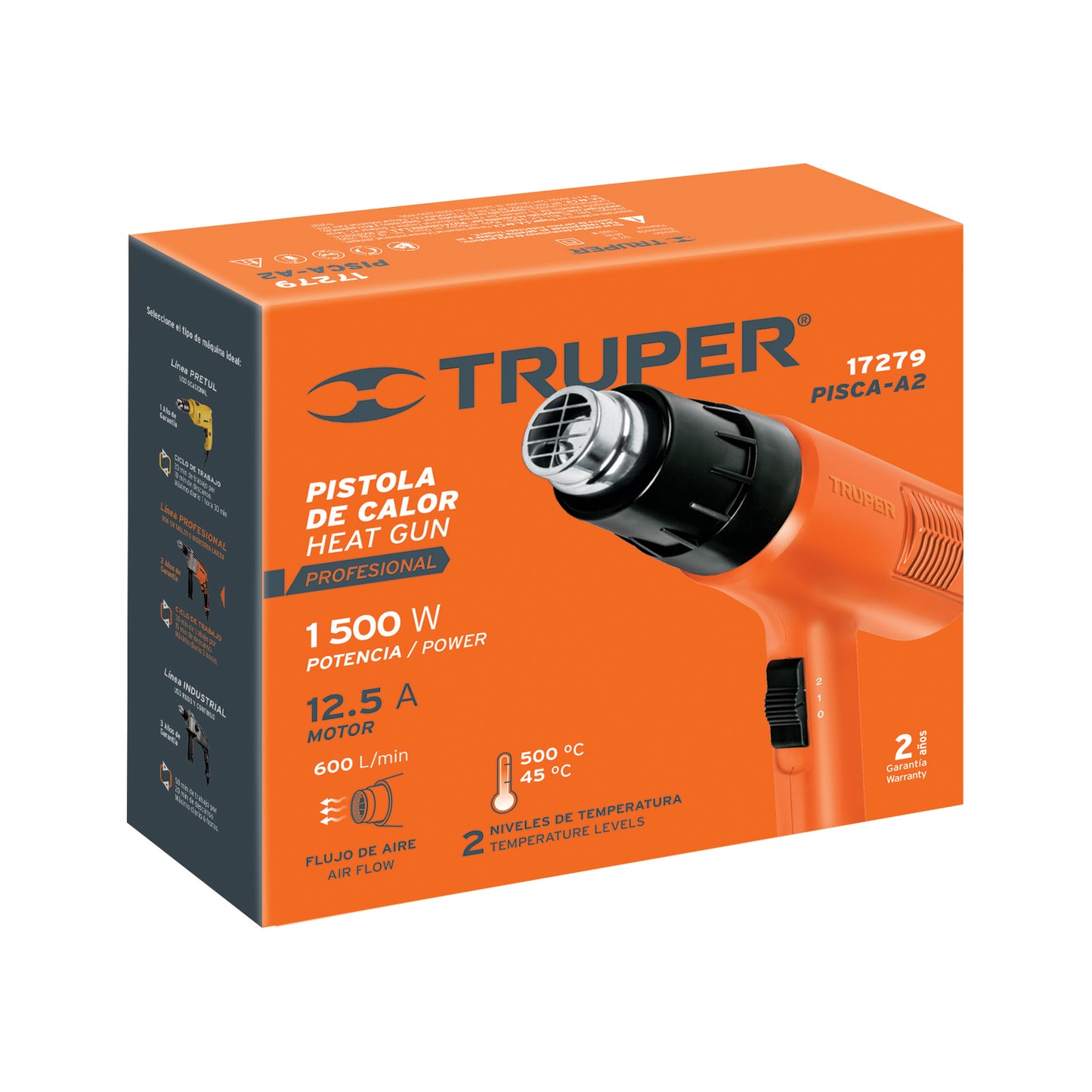 Pistola de Calor Industrial TRUPER PRO 1500W - Temperatura Variable 45-500°C - Solución Profesional para Remover Pintura, Descongelar Tuberías y Trabajos de Calor Controlado - PISCA-A2