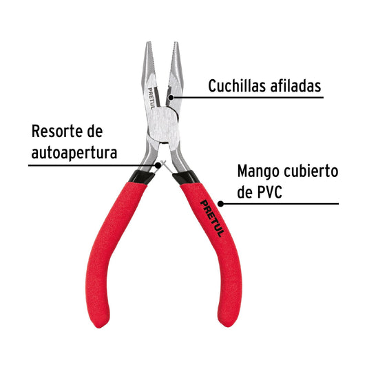 Mini Pinza de Punta y Corte 5" PMP-PU4 Pretul - Acero Carbono para Espacios Reducidos