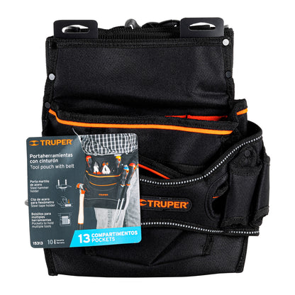 Porta Herramientas Profesional Truper 13 Compartimentos - Poliéster 600D Resistente al Agua - Organiza y Protege Herramientas